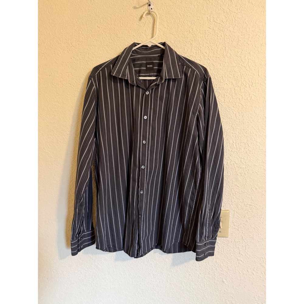 Hugo Boss Mens XL Grey Black Striped Long Sleeve Cotton Button Down Shirt